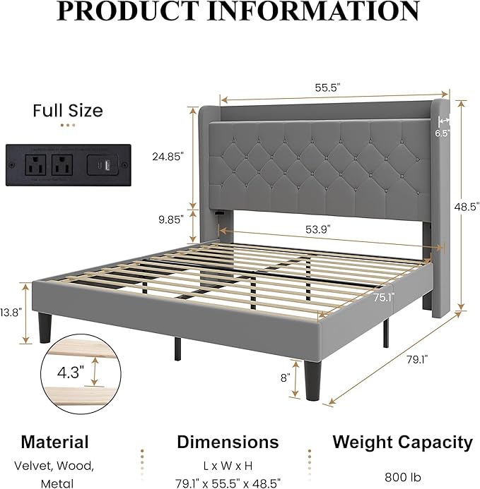 SHA CERLIN Full Size Platform Bed Frame with Charging Station, Velvet Wingback Headboard with Storage Shelf, Wooden Slats Support, Ample Under-Bed Space, No Box Spring Needed, Easy Assembly, Grey