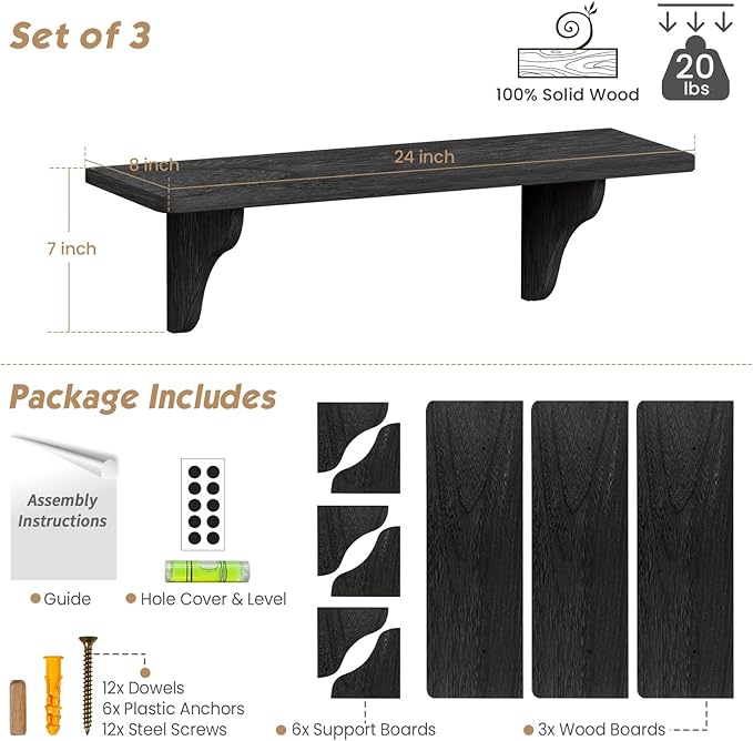 Forbena Wall Mounted Shelves for Bedroom 24 Inches Long, 8 Inch Deep Floating Shelves for Wall, Large Hanging Arched Shelf for Kids Bathroom Living Room Office Decor Plants Books (3-Pack, Black)