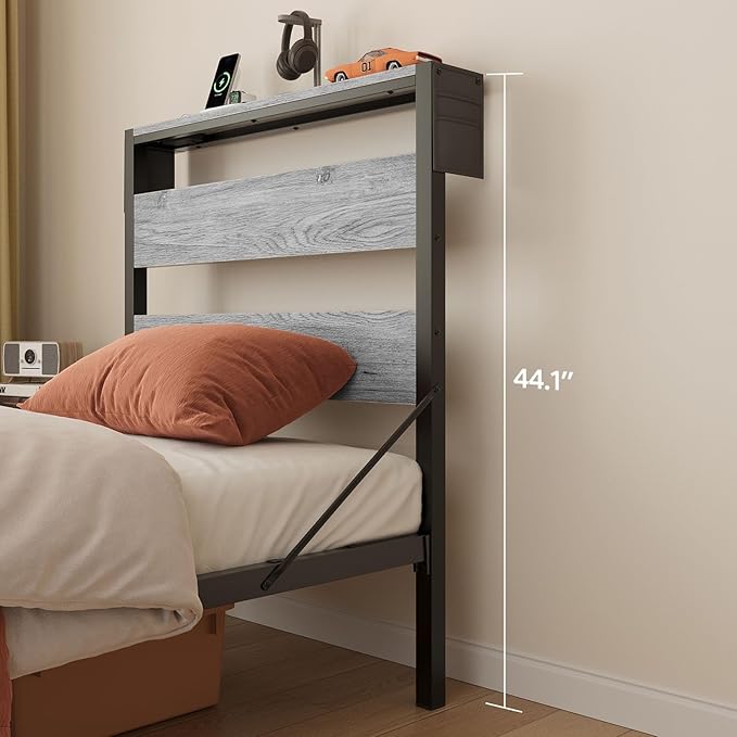 Bestier Twin Bed Frame with Storage Headboard and Charging Station, Grey Platform Bed Frame with LED Light, Non-Slip Metal Bed Frame, Noise-Free, Easy Assembly