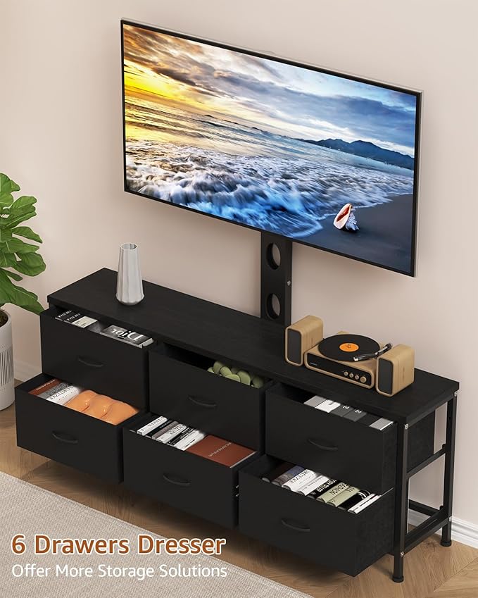 TV Stand with Mount, Fabric Dresser with 6 Drawers for 32/45/55/60/65/75 inch TVs, Black Dresser Entertainment Center, Modern Media TV Console Table