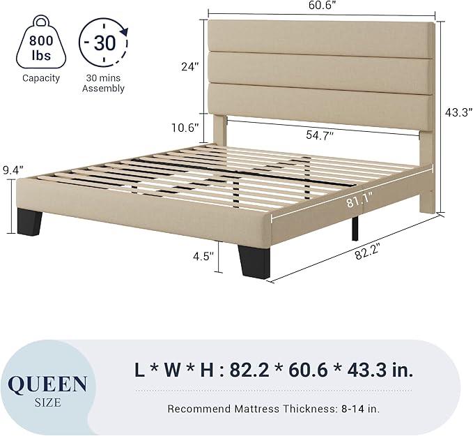 Allewie Queen Size Platform Bed Frame with Fabric Upholstered Headboard and Wooden Slats Support, Fully Upholstered Mattress Foundation/No Box Spring Needed/Easy Assembly, Beige