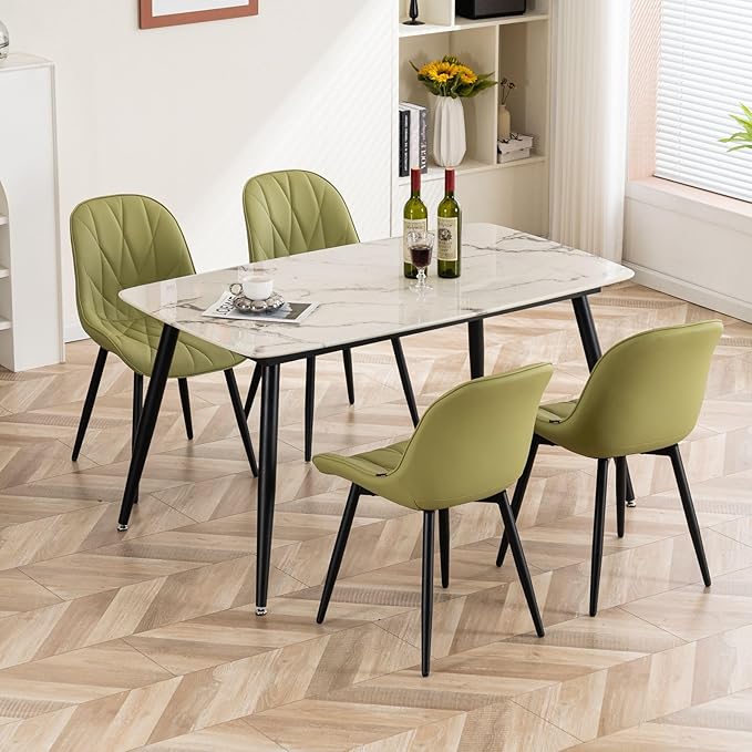 Rowill Modern Dining Chairs Set of 2 Upholstered Faux Leather Kitchen Chairs with Soft Cushion Backrest, Sturdy Metal Legs & Non-Slip Pads, Perfect for Home Dining Room, Kitchen, Avocado Green