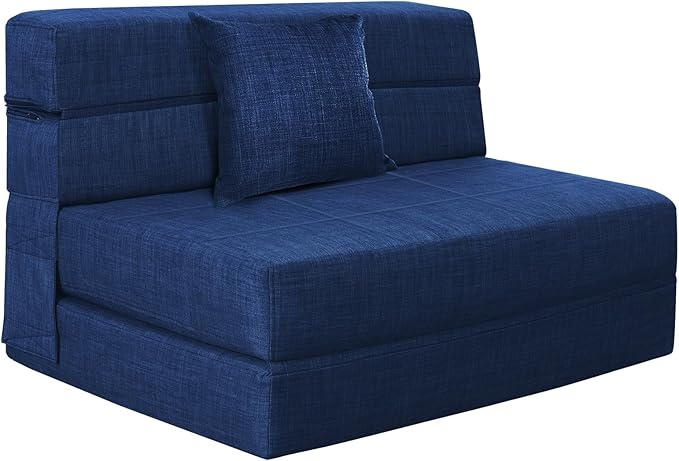 Folding Sofa Bed Couch Memory Foam with Pillow Sleeper Chair Lazy Couch Twin Size Futon Convertible Guest Beds,Washable Cover,Dark Blue