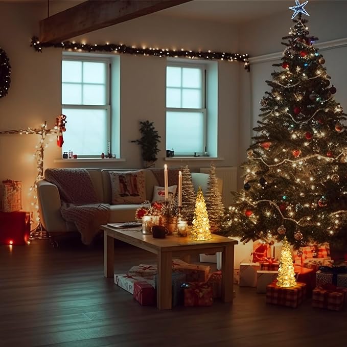 Christmas Tree Glass Decorative LED Light: 13.5" Tall, Battery Operated Holiday Tabletop Ornament, Frosted Glass Christmas Home Decor, Xmas Tree Night Light for Indoor Decor White