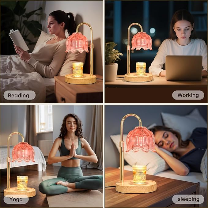 Candle Warmer lamp with Timer Dimmer,Electric Candle Warmer, Vintage Flower Lotus lamp,Compatible with Various Candles, Gifts for Mom Women,Candle Lamp for Bedroom Home Decor（Flower Pink）