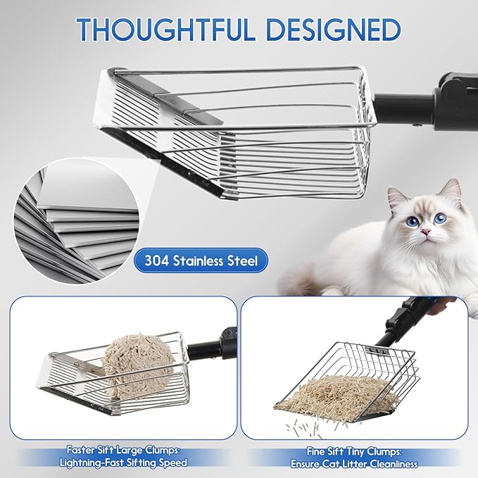 Cat Litter Scoop Long Handle: 22"-40.5" Extendable Metal Cat Poop Scooper with Deep Shovel for Litter Box Durable Heavy Duty Cat Litter Shovel for Easy Sifting