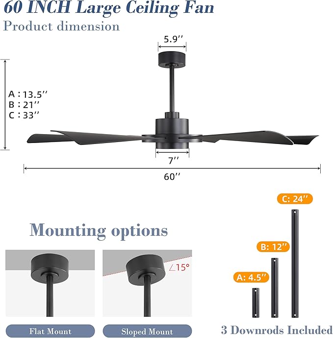 ELEHINSER 60" Ceiling Fan with Lights - 6 ABS Plastic Blades, 3 Downrods, 6-Speed Reversible DC Motor, 3CCT, Windmill Ceiling Fan for Kitchen Bedroom Living Room, Matte Black