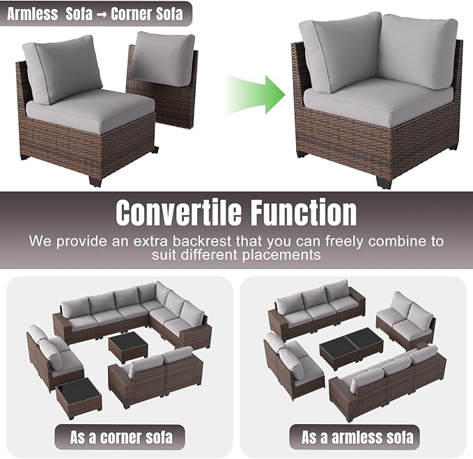 Aoxun 12 Pieces Patio Furniture Set Wicker Rattan Outdoor Sectional Conversation Set with Coffee Table and 4” Thickened Cushions, Gray (Waterproof Cover Included)