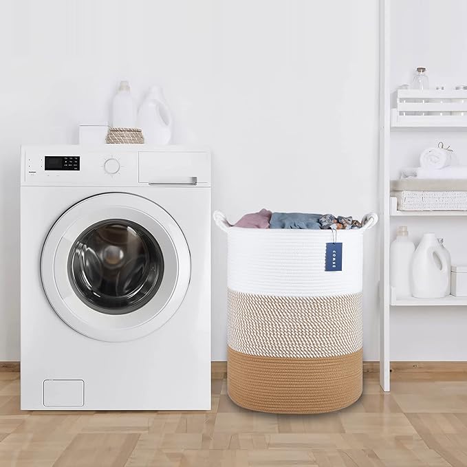 COMSE Extra Large Blanket Basket, Tall Woven Storage Basket, Nursery Hamper, 15.7”x 21.7”, Cotton Rope Laundry Hamper for Toys Clothes Towels, White/Camel