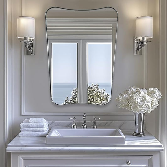 ANDY STAR Brushed Nickel Bathroom Mirror, 22x30 Silver Metal Framed Mirrors for Bathroom, Irregular Wall Mirror in Anti-Rust Stainless Steel Frame, Unique Shape Frame Ideal for Home Remodel