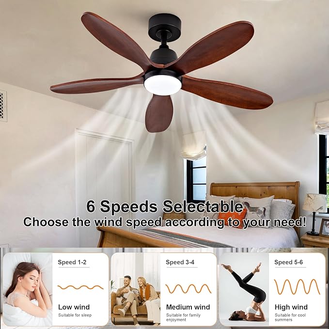 42 Inch Wood Ceiling Fans with Lights and Remote, Modern Ceiling Fan with Light, 5 Blades, Dimmable, Wall Switch, Memory Function, Indoor Outdoor Black Ceiling Fan for Patio Bedroom