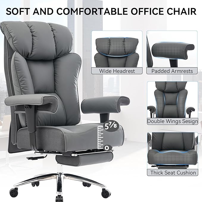 Efomao Desk Office Chair, Ergonomic Office Chair with Adjustable Headrest & Lumbar Support, PU Leather Back Computer Desk Chair for Home Office or Gaming, Swivel Height Adjustable Task Chair