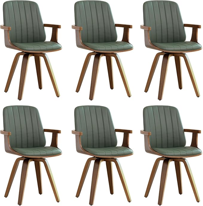 MCM Dining Chairs, Set of 6 Mid Century Modern Chairs with Walnut Craftsmanship, Upholstered Faux Leather, Wooden Arms and Legs, Faux Leather Dining Chairs for Kitchen/Living Room - Green