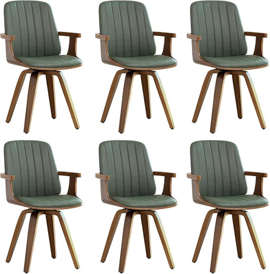 MCM Dining Chairs, Set of 6 Mid Century Modern Chairs with Walnut Craftsmanship, Upholstered Faux Leather, Wooden Arms and Legs, Faux Leather Dining Chairs for Kitchen/Living Room - Green
