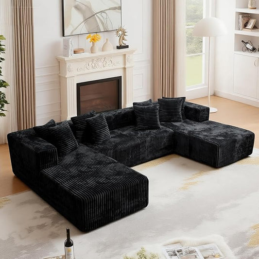 106'' Boneless Couches for Living Room, L Shaped Modular Sectional Sofa with Chaise Lounge, Faux Rabbit Fur & Layered Cushion Deep Seat Cloud Couch, No Assembly (Black, 130 U Shaped)