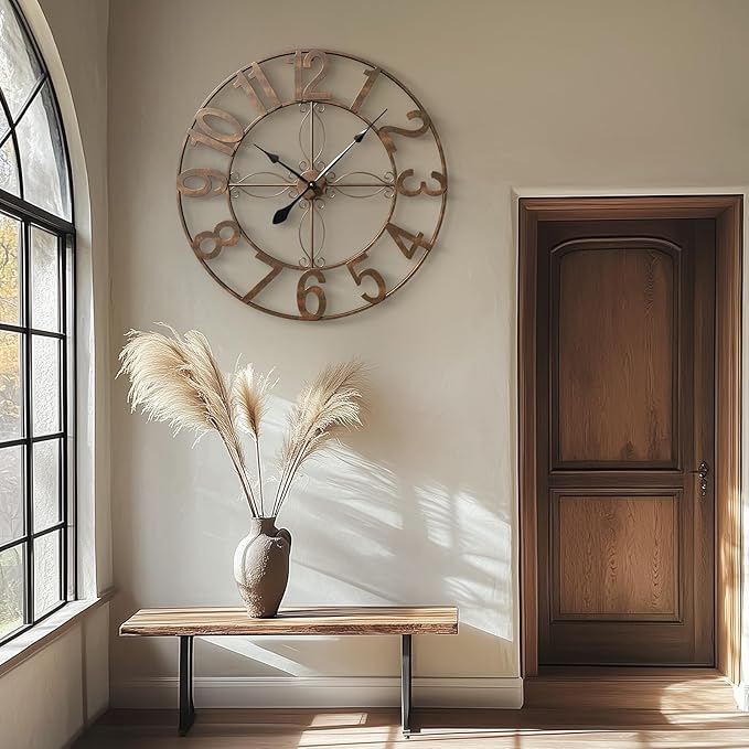 Cuspin Large Retro Rustic Bronze 36 Inch Silent Non-Ticking Battery Operated Metal Round Arabic Numerals Analog Wall Clock for Living Room, Kitchen, Office, Bedroom, Dining Room