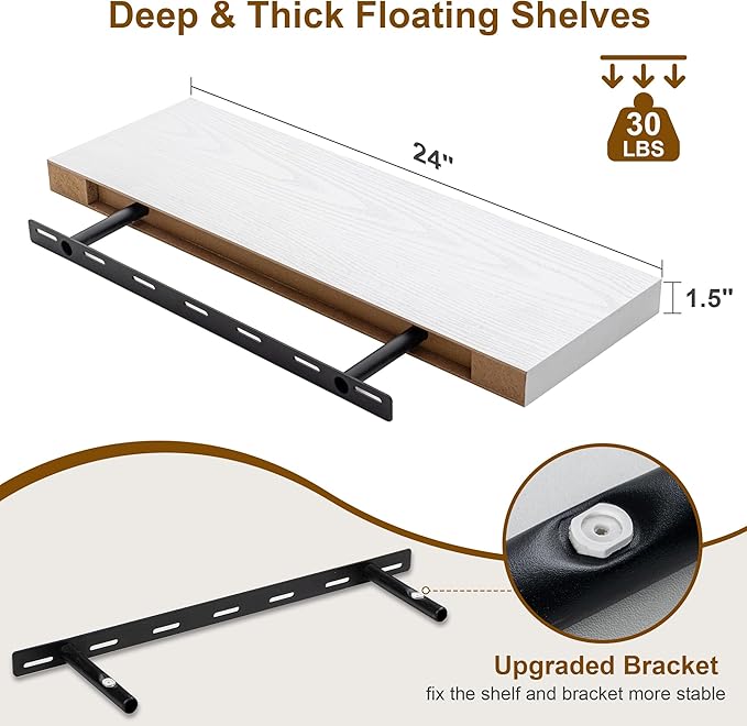 Fun Memories Floating Shelves for Wall, 24Inch Floating Shelves Set of 2, Hanging Shelf with Invisible Brackets, Wood Shelves for Living Room, Bedroom, Kitchen, White