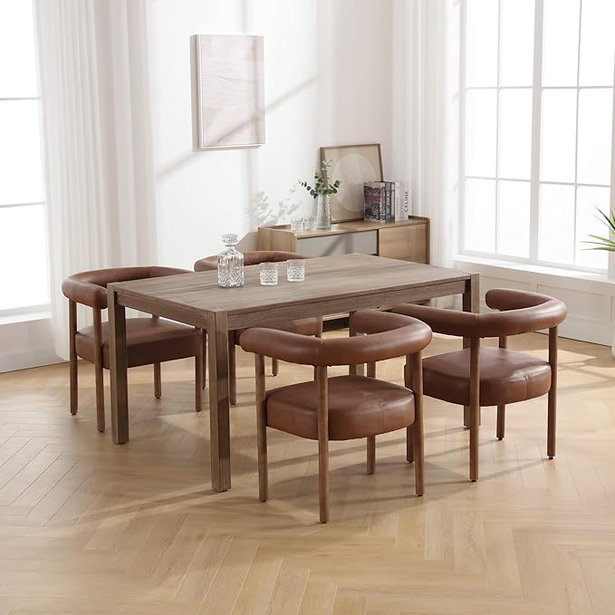 Mid-Century Modern Dining Chairs Set of 6, Armrest Barrel Dining Chairs Side Accent Chairs with Curved Back, Upholstered Wood Armchairs for Kitchen, PU Leather Brown