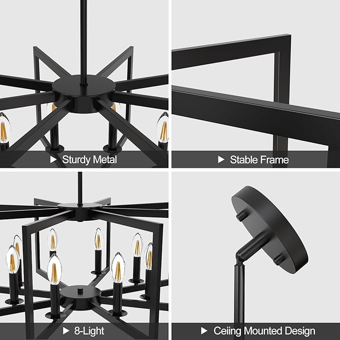 Modern Black Chandelier, 8-Light Geometric Dining Room Light Fixture, Industrial Pendant Lights Kitchen Island, Hanging Metal Farmhouse Chandeliers for Dining Room Entryway Foyer Bedroom Kitchen