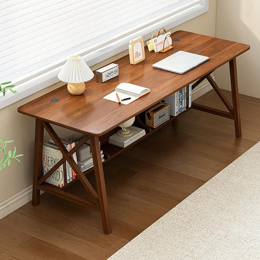 Extra Long Desk with Bookshelf - Wooden Home Office Work Study Table, 2-Person Writing Computer Workstation with Storage Shelf in Walnut, 63" Wx24 Dx30 H