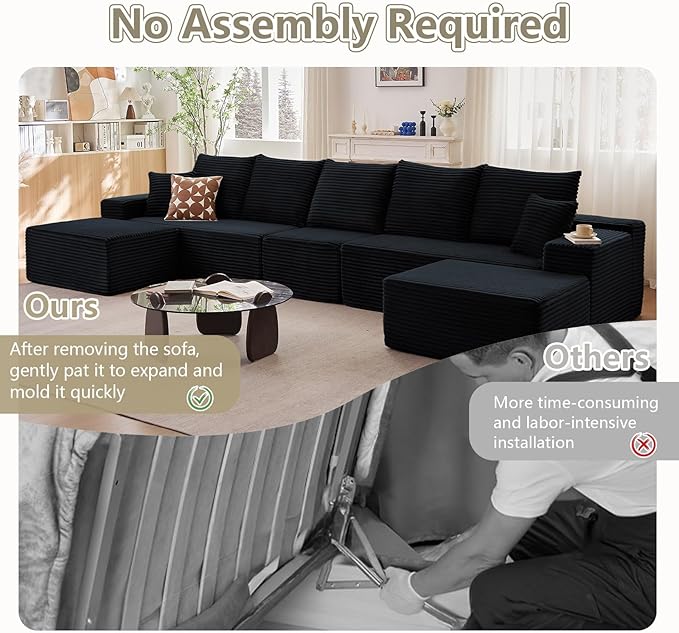 167.7" Sectional Cloud Couch for Living Room, Stupendous U Shaped Sofas, Modular Floor Deep-Seat Sofa, Big Comfy Corduroy Couches Set with Fluffy Memory Foam, No Assembly Required, Black