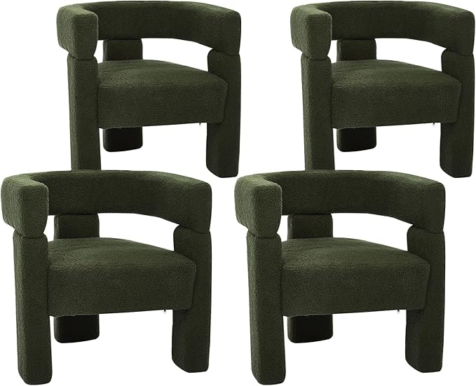 Sherpa Barrel Dining Chairs Set of 4, Upholstered Boucle Accent Kitchen Chairs with Arms, Comfy Faux Fur Side Chair Modern Armchair for Dining Room, Bedroom, Home Office, Green