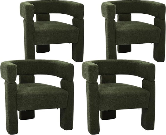 Sherpa Barrel Dining Chairs Set of 4, Upholstered Boucle Accent Kitchen Chairs with Arms, Comfy Faux Fur Side Chair Modern Armchair for Dining Room, Bedroom, Home Office, Green