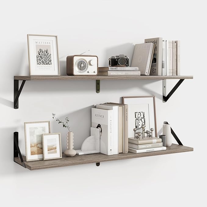 Axeman Floating Shelves for Wall 32 Inch | 31.5W x 8D Rustic Grey Wood Floating Shelves Set of 2 | 8" Deep Long Wall Shelves for Bathroom Kitchen Living Room | Bookshelf Display Shelves