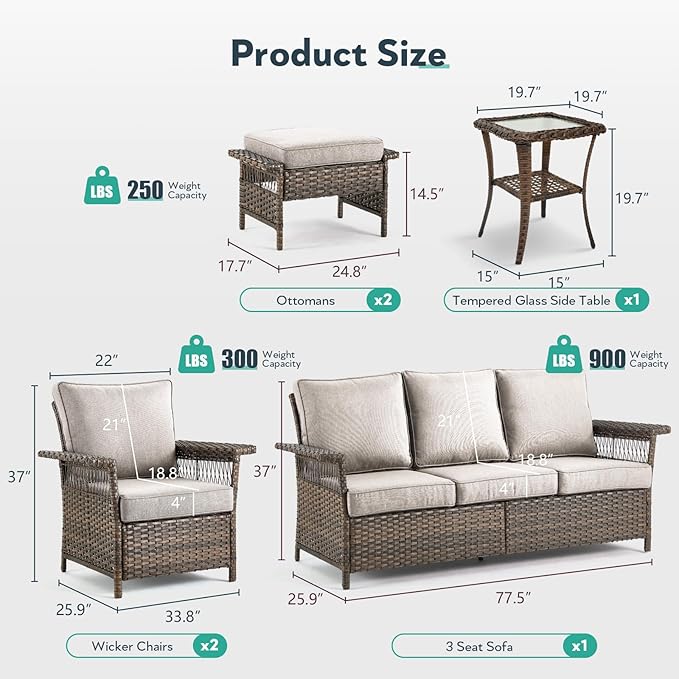 6 Pieces Wicker Patio Furniture Set - Hollow Widen Armrests 3 Seat Outdoor Sofa & Comfy Chairs with Side Table & Ottomans, Small Patio Convention Set for Deck and Backyard - Brown/Beige