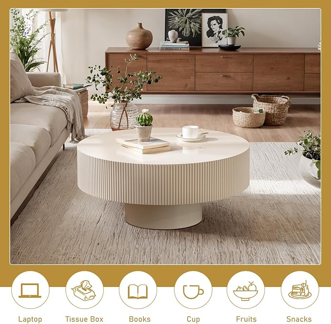 Round Drum Coffee Table 30.91" Handcrafted Fluted Drum Coffee Table Mid Century Accent Tables Modern Luxury Circle Center Table Vintage Farmhouse Center Table for Living Room (White Thick)