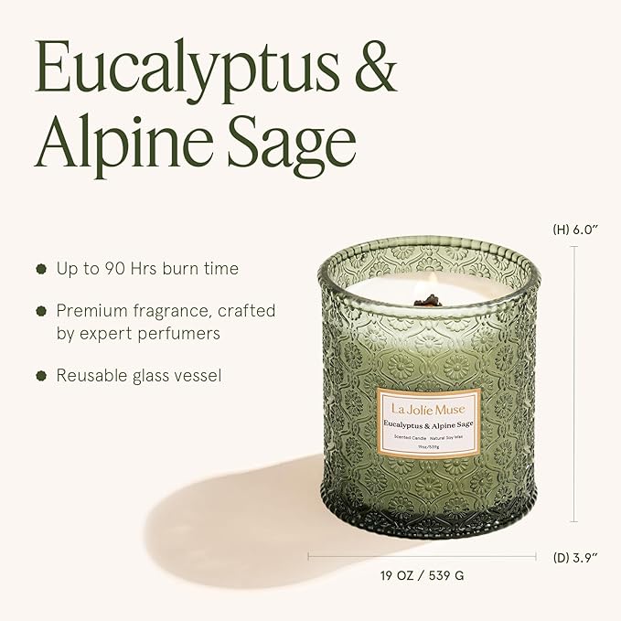 LA JOLIE MUSE Christmas Candle | Eucalyptus & Alpine Sage | Eucalyptus, Sage & Lavender | 19 oz Wooden Wick Soy Candle | 90-Hour Burn | Cozy Winter & Holiday Relaxation