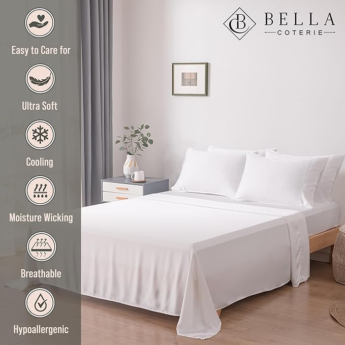 Bella Coterie 6 Piece Luxury Bamboo Viscose Split Top King Size Sheet Set | 34" Split for Adjustable Beds | 100% Organically Grown| Cooling | 18” Deep Pocket | 4 Pillowcases [White]