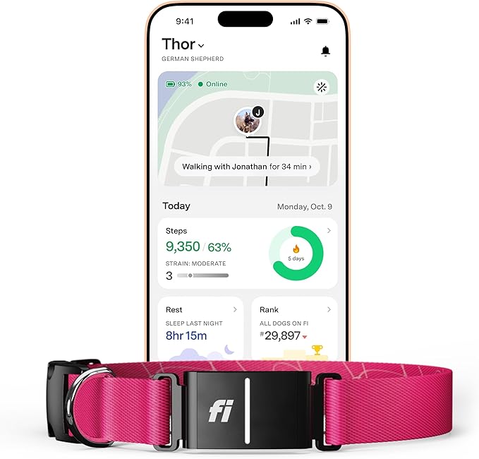 Fi New Series 3+ Smart Dog Tracker Collar [12 Month Membership Included] GPS Tracker for Dogs with Health & Behavior Monitoring, Escape Alerts, Waterproof, LED, Apple Watch Compatible (Pink, X-Large)