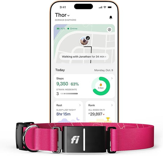Fi New Series 3+ Smart Dog Tracker Collar [12 Month Membership Included] GPS Tracker for Dogs with Health & Behavior Monitoring, Escape Alerts, Waterproof, LED, Apple Watch Compatible (Pink, X-Large)