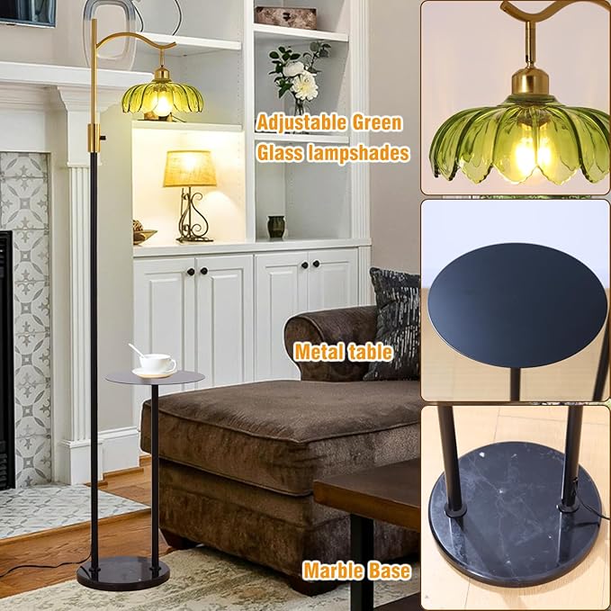 Vintage Dimmable Arc Floor Lamp with Side Table and Marble Base, Farmhouse Standing lamp with Green Glass Lampshades for Living Room Bedroom