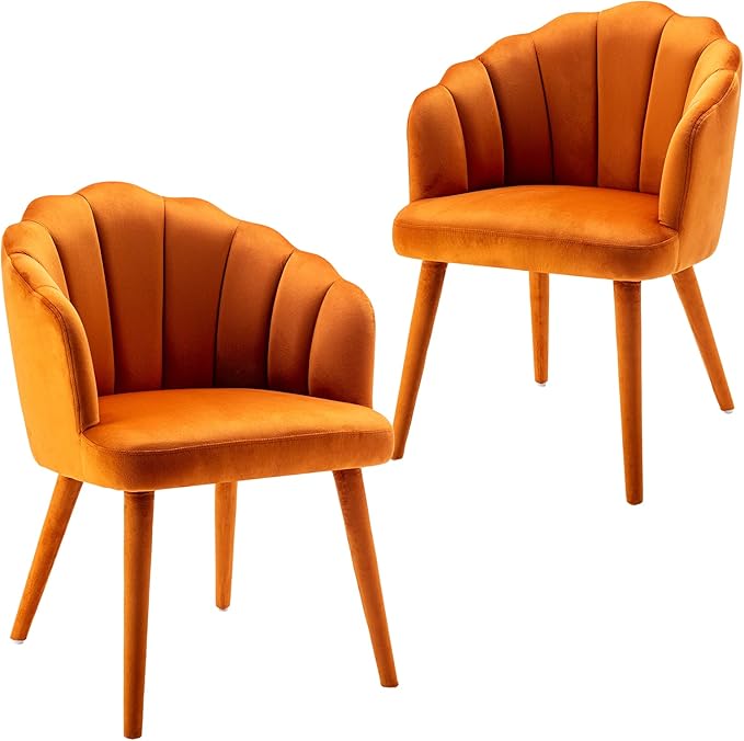 Velvet Dining Chairs Set of 2 Modern Living Room Chairs with Petal Back & Wood Legs Comfy Upholstered Side Chair for Dining Room/Bedroom/Vanity, Orange