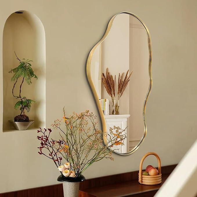 Irregular Mirror, 30"x20" Asymmetrical Mirror with Gold Metal Frame, Modern Funky Odd Shaped Mirrors, Abstract Wall Mirrors for Living Room Bathroom Bedroom Hallway Entryway Fireplace
