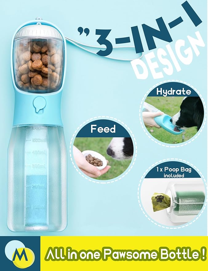 Portable Water Bottle for Dogs, 3 in 1 Pet Travel Bowl Dispenser with Food Treat Container & Poop Bag Holder, Summer Walking Hiking Accessories for Large Dog On The Go - Purple, 20oz