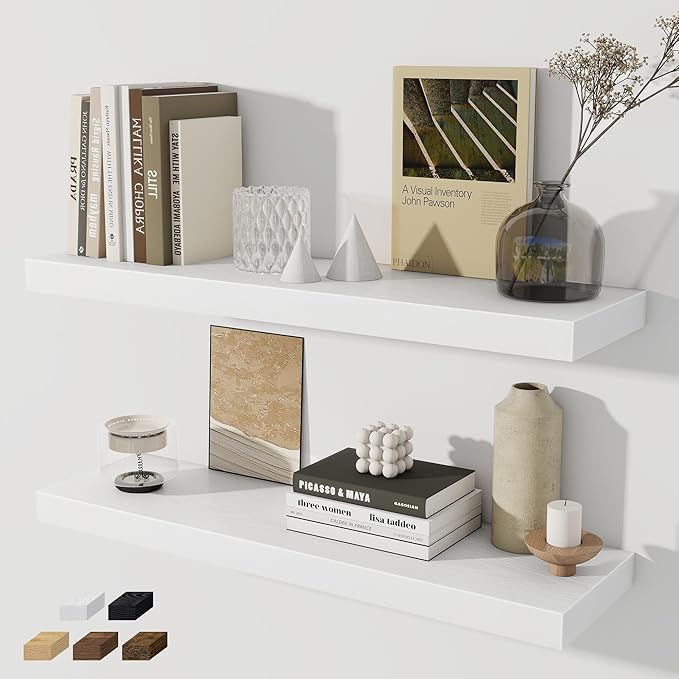 Fun Memories Floating Shelves - 2 Pack 30 Inch Long Rustic Wooden Wall Shelves - 8 Inch Deep Wall Mounted Storage Shelf with Invisible Heavy-Duty Brackets for Books, Bathroom, Kitchen - White