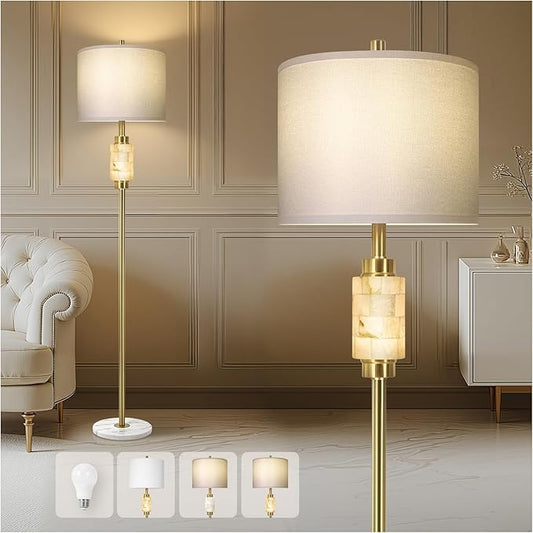 Floor Lamps for Living Room with Night Light, Alabaster Standing Lamp with Linen Shade, Rotary Switch, Marble Tall Lamp, Gold Floor Lamps for Bedroom Living Room Office (Bulb Included)