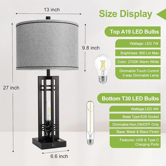 27" Touch Control Farmhouse Table Lamps, Set of 2 Tall Rustic Table Lamps 2-Light Design with USB A+C Ports, Bedside Lamps with Grey Shade for Living Room Home Office, 4 LED Bulbs Included