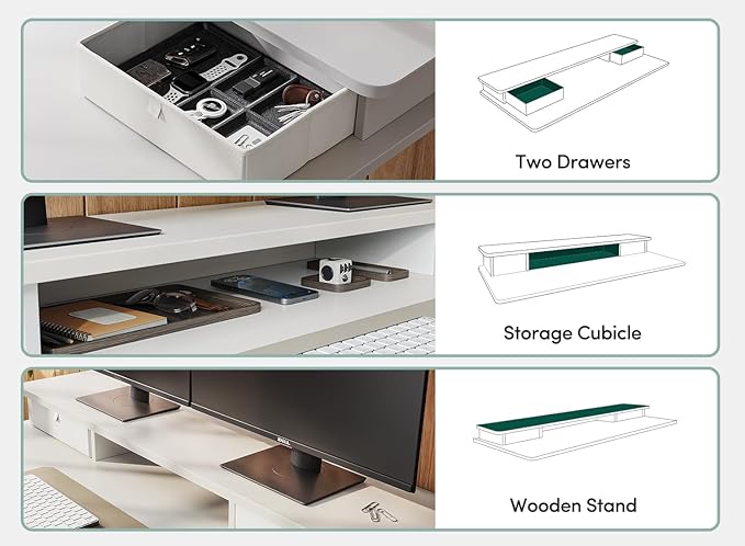 FEZIBO 63 x 28 Inch Deeper Height Adjustable Electric Standing Desk with Double Drawers, Sit Stand Up, Home Office Computer Desk with 4 Height-Adjustable Feets & 2 Hooks, White Frame/White Top