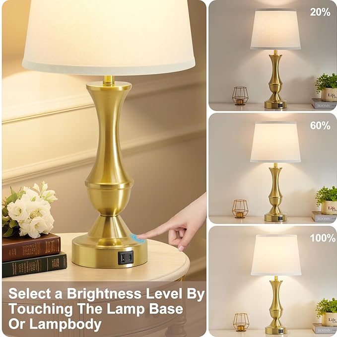 Luvkczc 22" Gold Table Lamps Set of 2 - Modern Luxury Bedside Lamps with White Fabric Shade, Dimmable & Dual USB C+A Ports, Nightstand Lamps for Bedroom/Living Room (Bulb Included)