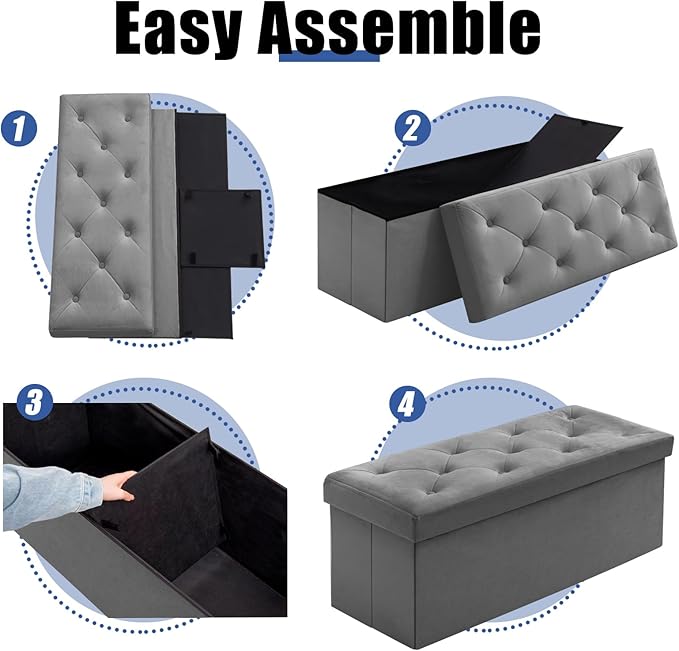 BRIAN & DANY 43 Inches Folding Storage Ottoman Bench, Velvet Ottoman with Storage for Living Room, Long Shoes Bench,Flannelette Footrest Benches Seat (Grey)