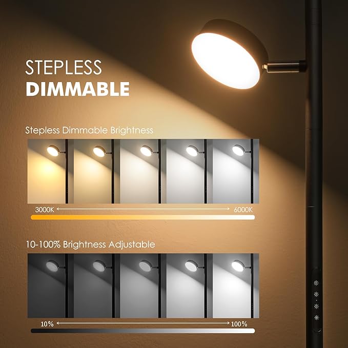 LED Tree Floor Lamp with Remote & Touch Control, 3 Heads Adjustable Dimmable Modern Floor Lamps with Timer, 4 Color Temperatures, Tall Standing Lamp for Living Room, Bedroom, Office, Black