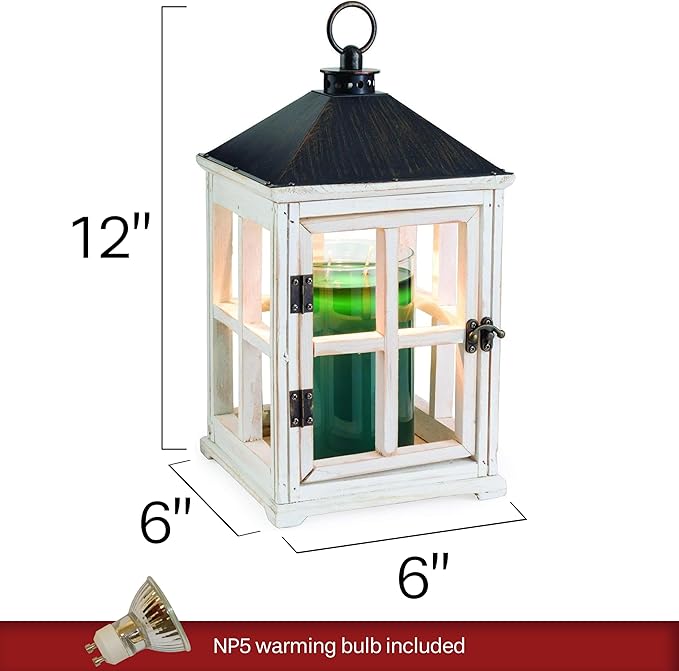 Candle Warmers Etc. White Wooden Farmhouse Candle Warmer Lantern – for Top-Down Warming & Flame-Free Fragrance