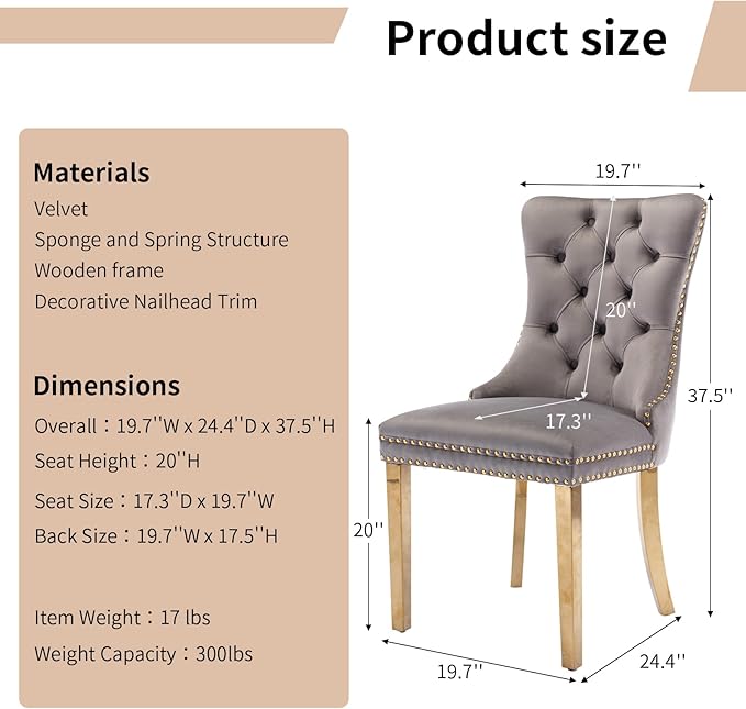 Luxury Upholstered Dining Chairs Set of 8, Grey Kitchen Chair with Golden Metal Legs, Velvet Tufted Back Dining Chair, Sillas de Comedor, Modern Kitchen & Dining Room Chairs (Gray, 8 Pcs)