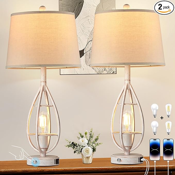 27.8" Farmhouse Table Lamps for Living Room Set of 2 - Beside Touch Lamps for Bedroom with USB C+A, Rustic Vintage Retro Lamps for Night Stands, Bulbs Included (White)