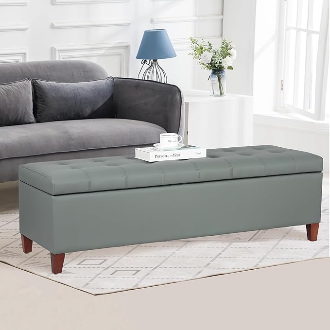 Joveco 51 Inch Storage Ottoman Bench,Tufted Leather Storage Bench for Bedroom (51”,Gray Green)