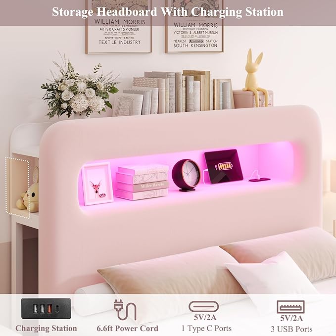 HOSTACK Full LED Bed Frame with Storage Headboard and Charging Station, Girls Bed Frame with 4 Drawers and USB Ports, Velvet Upholstered Platform Bed Frame with Bookcase, No Box Spring Needed, Pink
